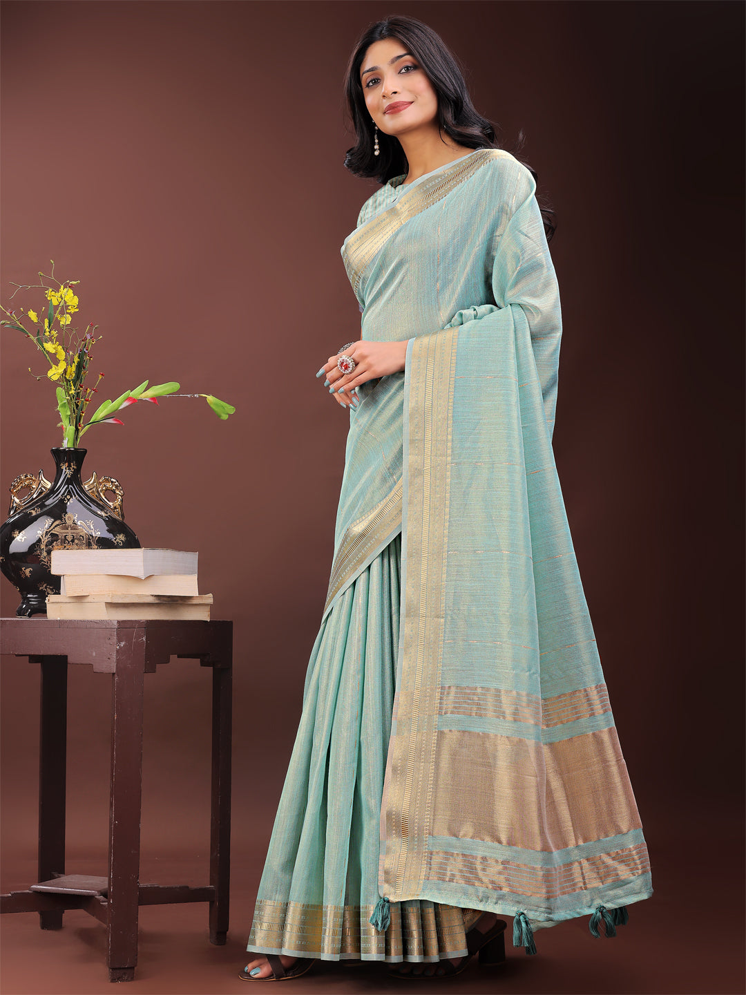Shree Shyam Fashion Elegant Olive Green Organza Saree with Golden Zari Border - Festive & Office Wear Saree with Blouse Piece