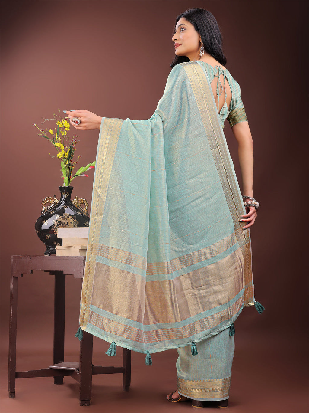 Shree Shyam Fashion Elegant Olive Green Organza Saree with Golden Zari Border - Festive & Office Wear Saree with Blouse Piece