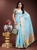 Shree Shyam Fashion Sky Blue Gold Cotton Ready-to-Wear Saree - Simplicity Meets Effortless Grace