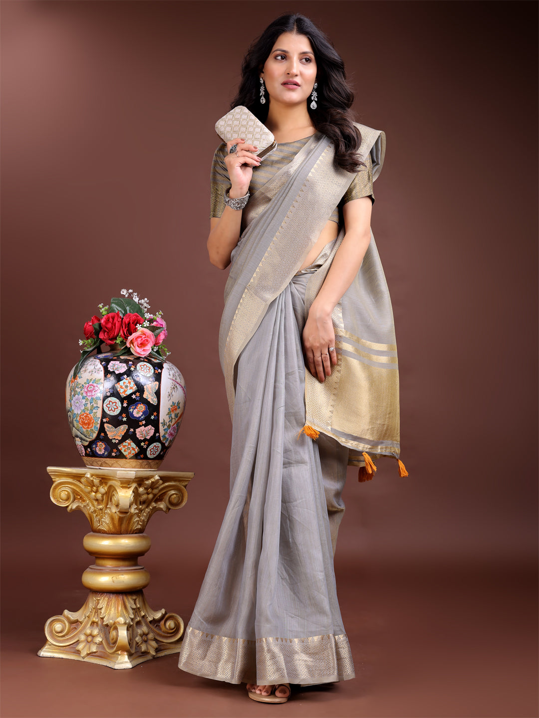 Shree Shyam Fashion Grey Gold Cotton Ready-to-Wear Saree - Simplicity Meets Effortless Grace