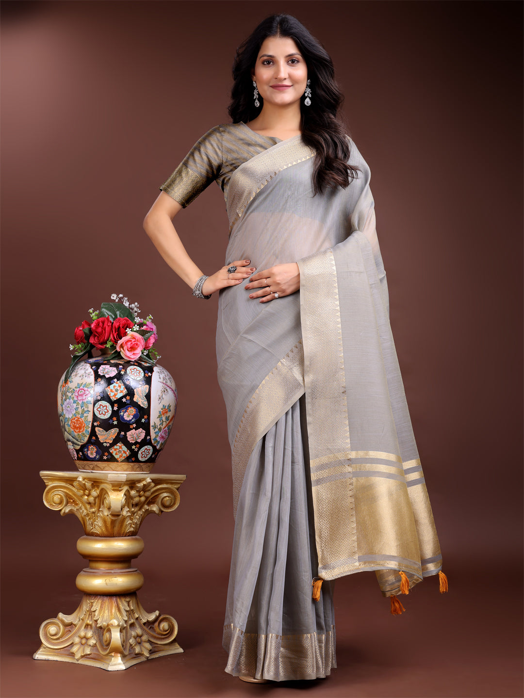 Shree Shyam Fashion Grey Gold Cotton Ready-to-Wear Saree - Simplicity Meets Effortless Grace