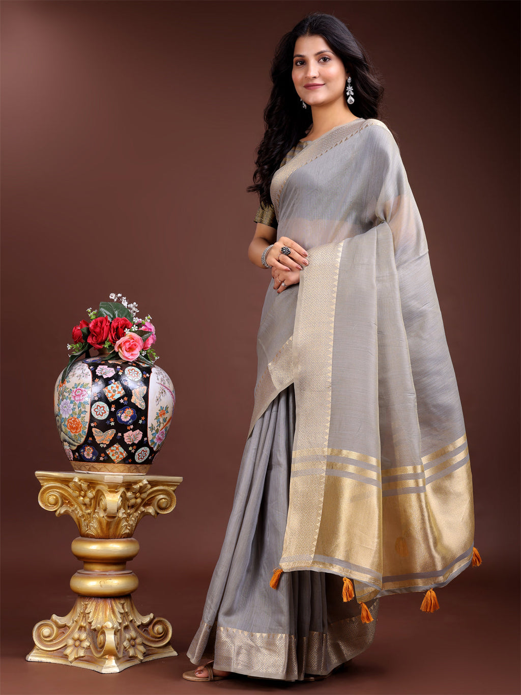 Shree Shyam Fashion Grey Gold Cotton Ready-to-Wear Saree - Simplicity Meets Effortless Grace