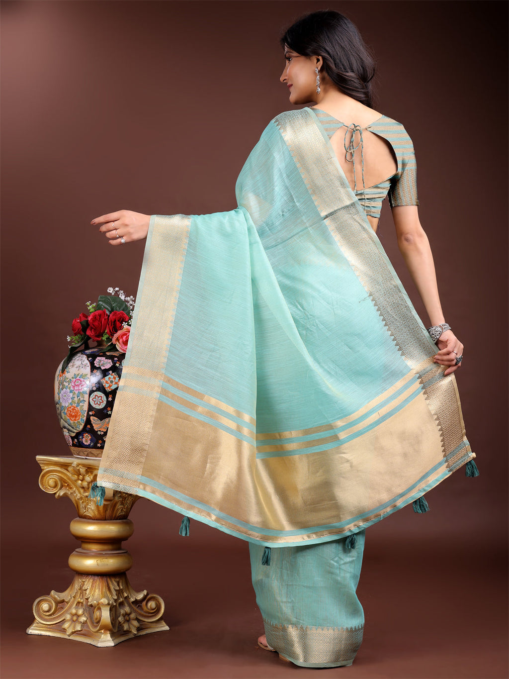 Shree Shyam Fashion Sea Green Gold Cotton Ready-to-Wear Saree - Simplicity Meets Effortless Grace