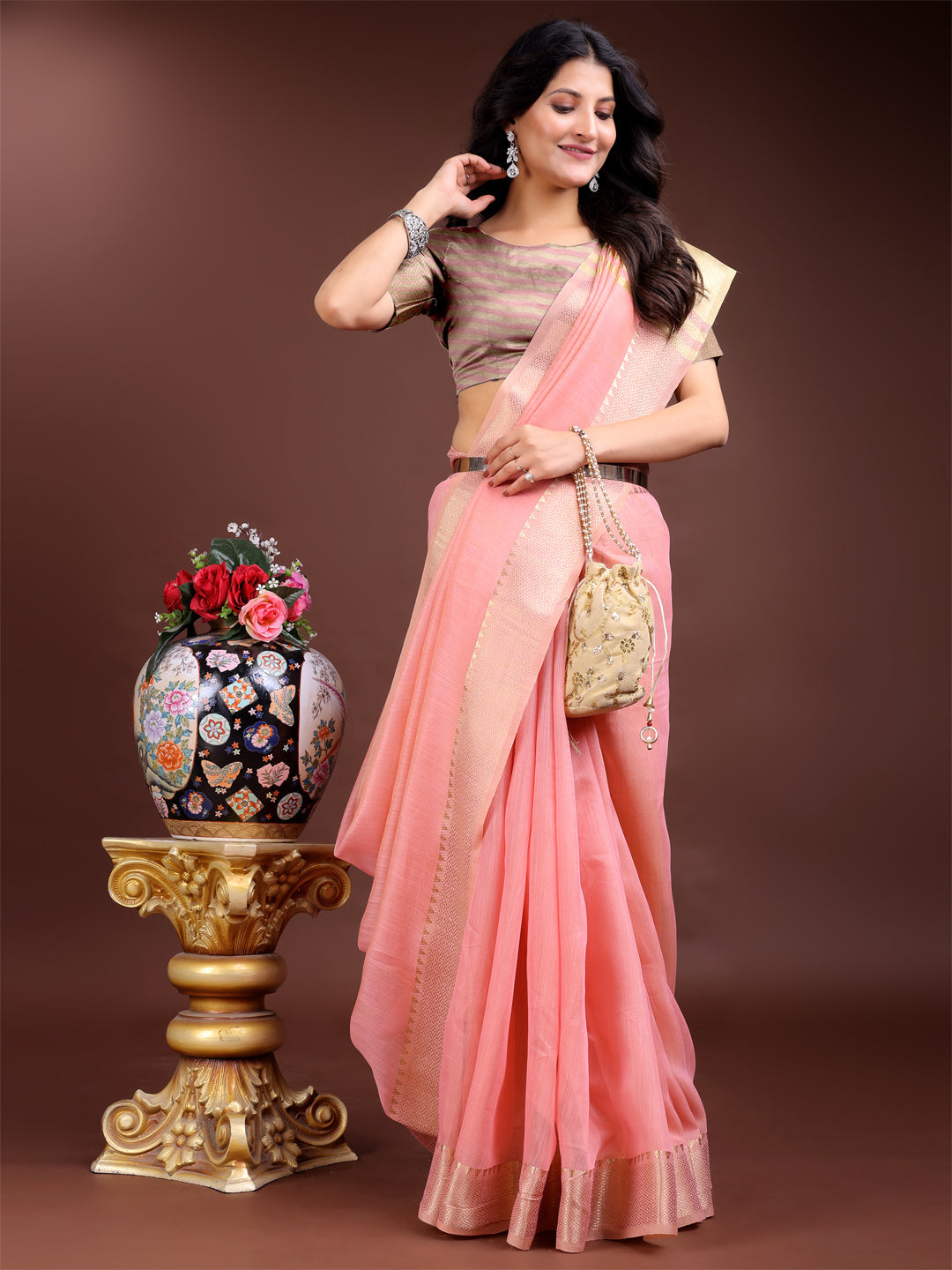 Shree Shyam Fashion Pink Gold Cotton Ready-to-Wear Saree - Simplicity Meets Effortless Grace