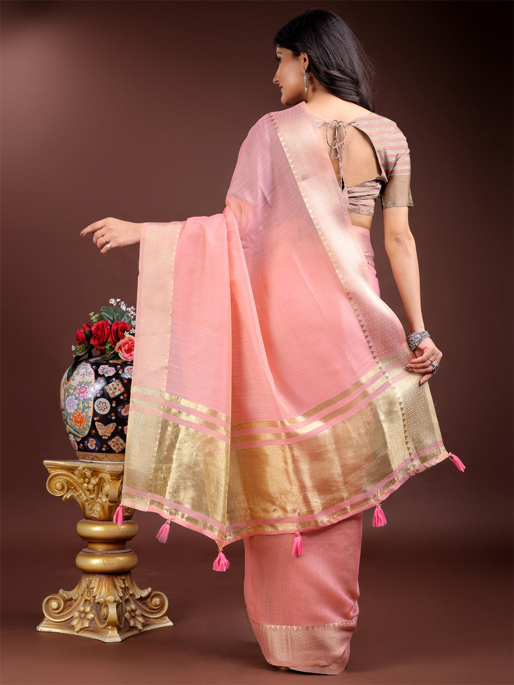 Shree Shyam Fashion Pink Gold Cotton Ready-to-Wear Saree - Simplicity Meets Effortless Grace