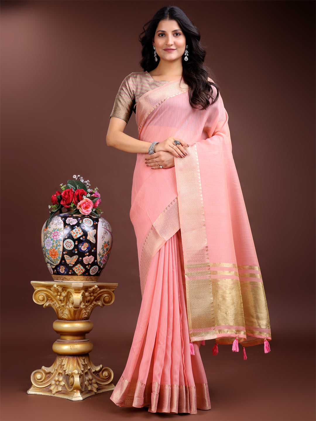 Shree Shyam Fashion Pink Gold Cotton Ready-to-Wear Saree - Simplicity Meets Effortless Grace