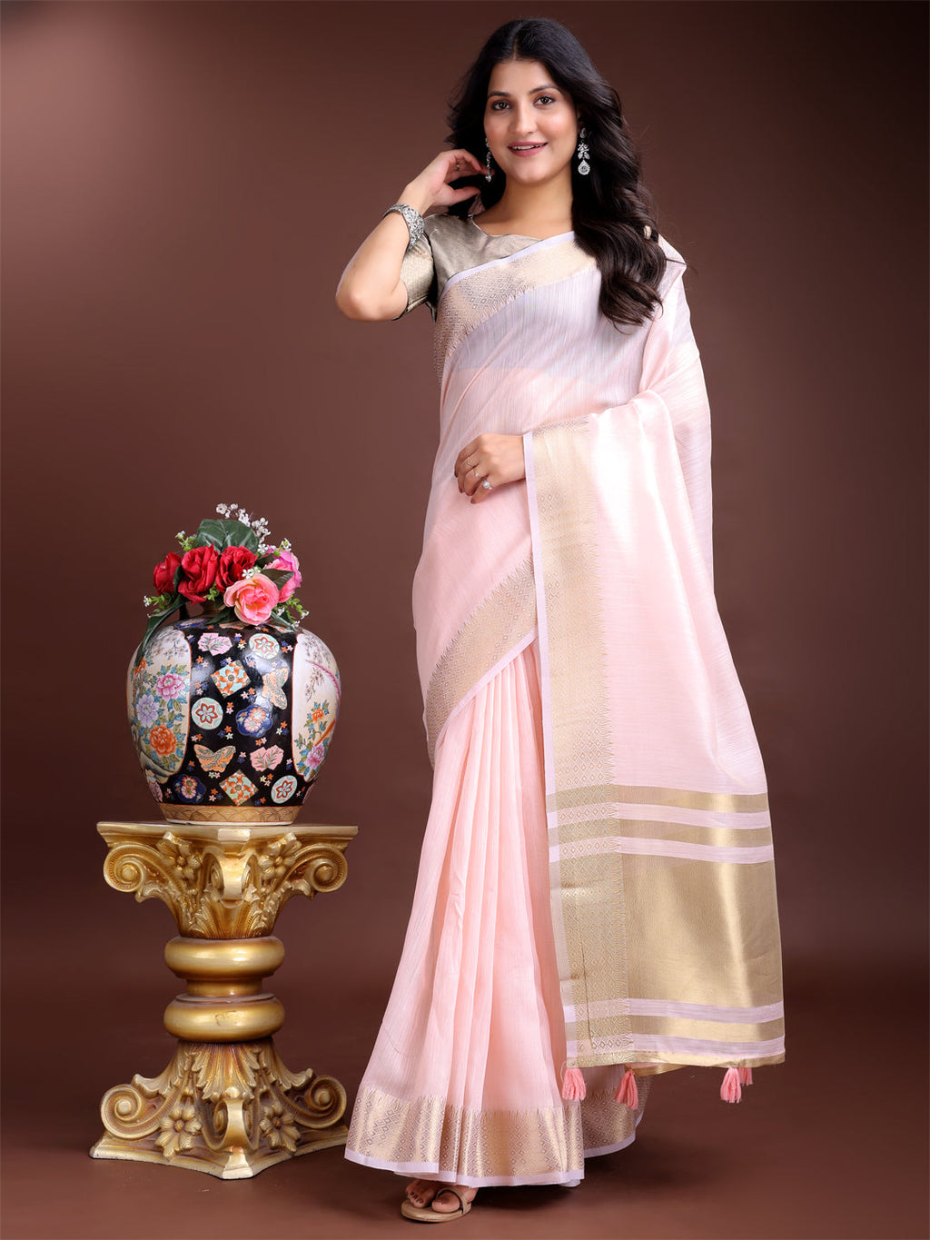 Shree Shyam Fashion Light Pink Gold Cotton Ready-to-Wear Saree - Simplicity Meets Effortless Grace