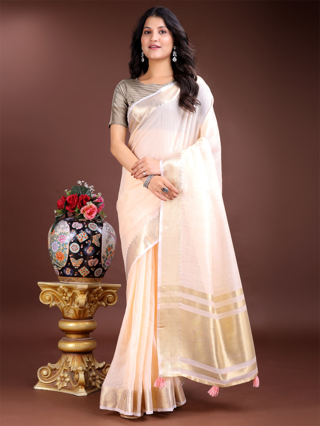 Shree Shyam Fashion Peach Gold Cotton Ready-to-Wear Saree - Simplicity Meets Effortless Grace