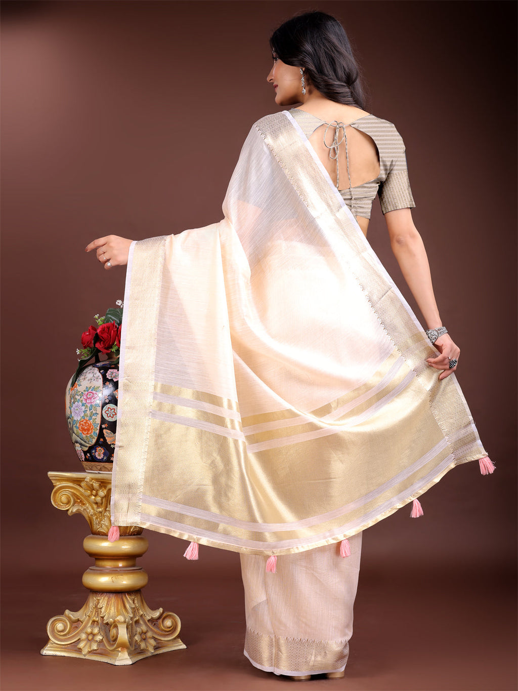 Shree Shyam Fashion Peach Gold Cotton Ready-to-Wear Saree - Simplicity Meets Effortless Grace