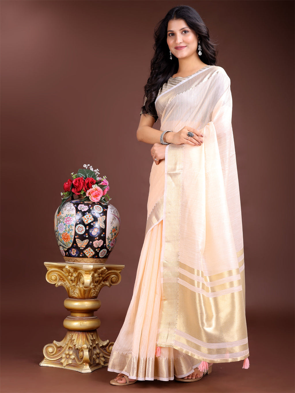 Shree Shyam Fashion Peach Gold Cotton Ready-to-Wear Saree - Simplicity Meets Effortless Grace