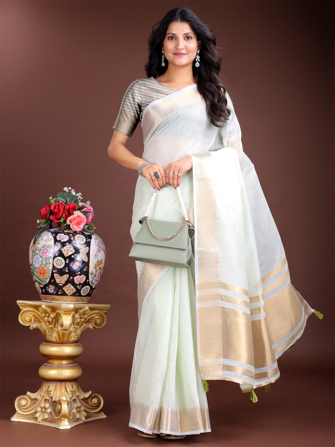 Shree Shyam Fashion Light Green Gold Cotton Ready-to-Wear Saree - Simplicity Meets Effortless Grace