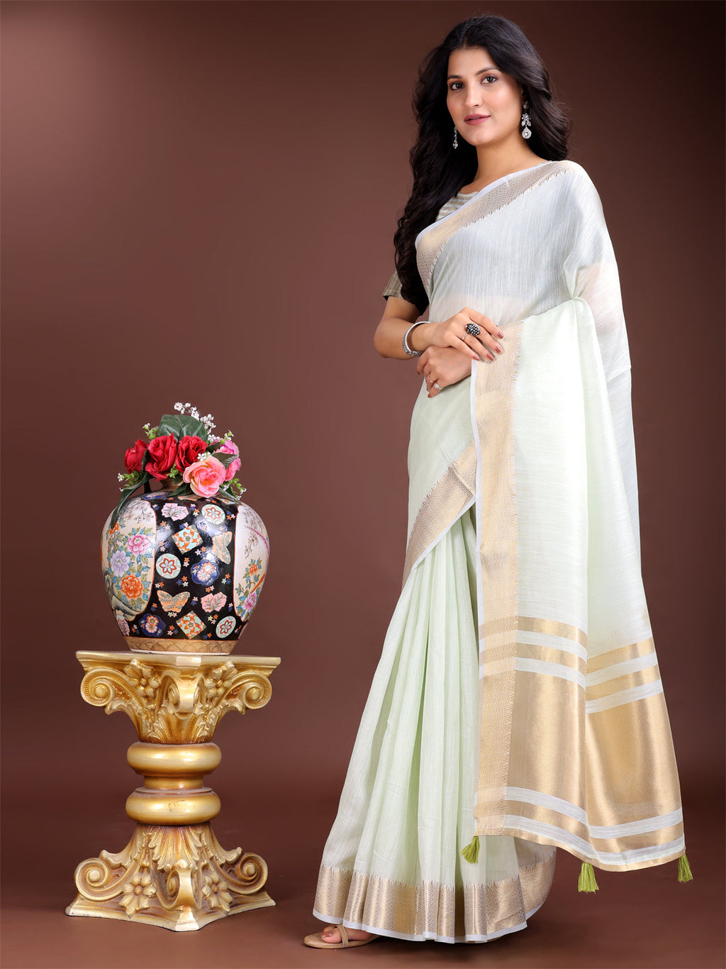 Shree Shyam Fashion Light Green Gold Cotton Ready-to-Wear Saree - Simplicity Meets Effortless Grace