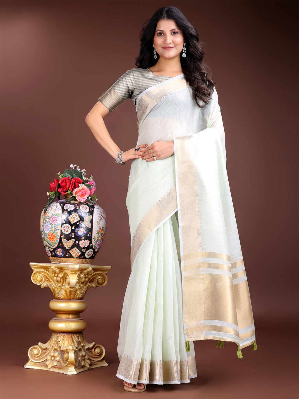 Shree Shyam Fashion Light Green Gold Cotton Ready-to-Wear Saree - Simplicity Meets Effortless Grace