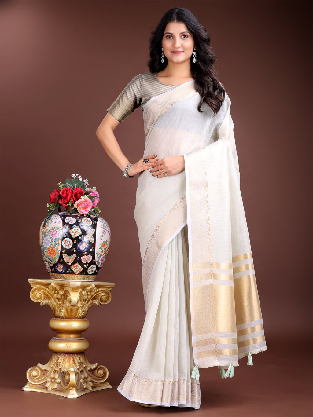 Shree Shyam Fashion Grey Gold Cotton Ready-to-Wear Saree - Simplicity Meets Effortless Grace