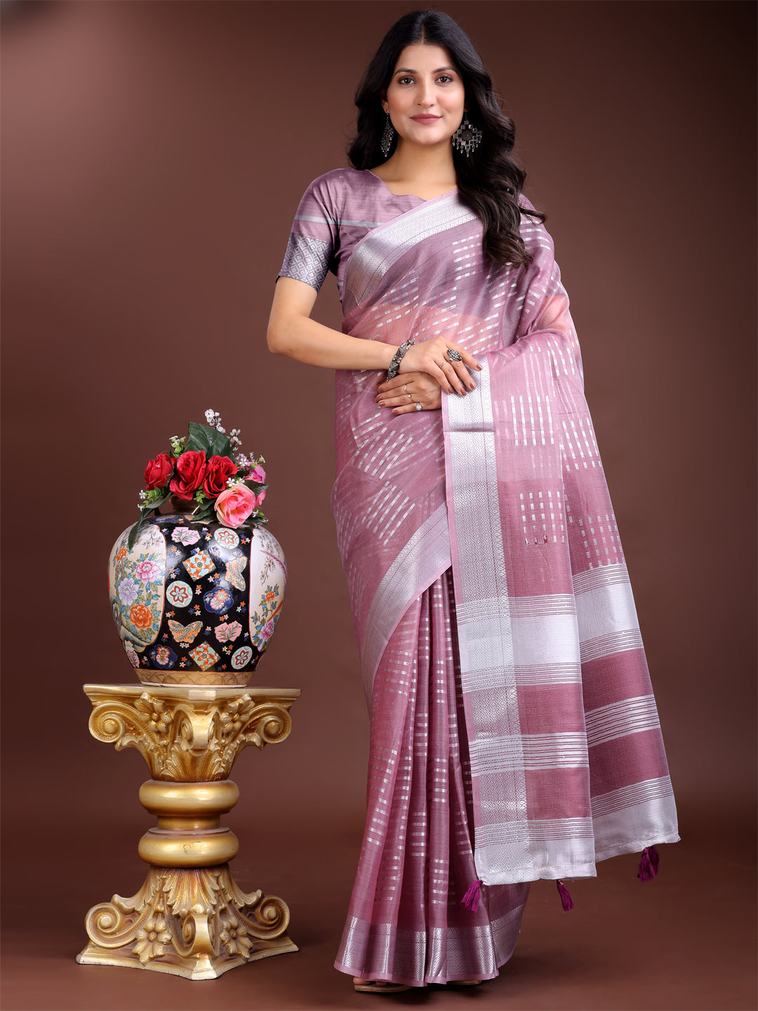 Shree Shyam Fashion Purple Organza Woven Zari Work Traditional Tassel Saree