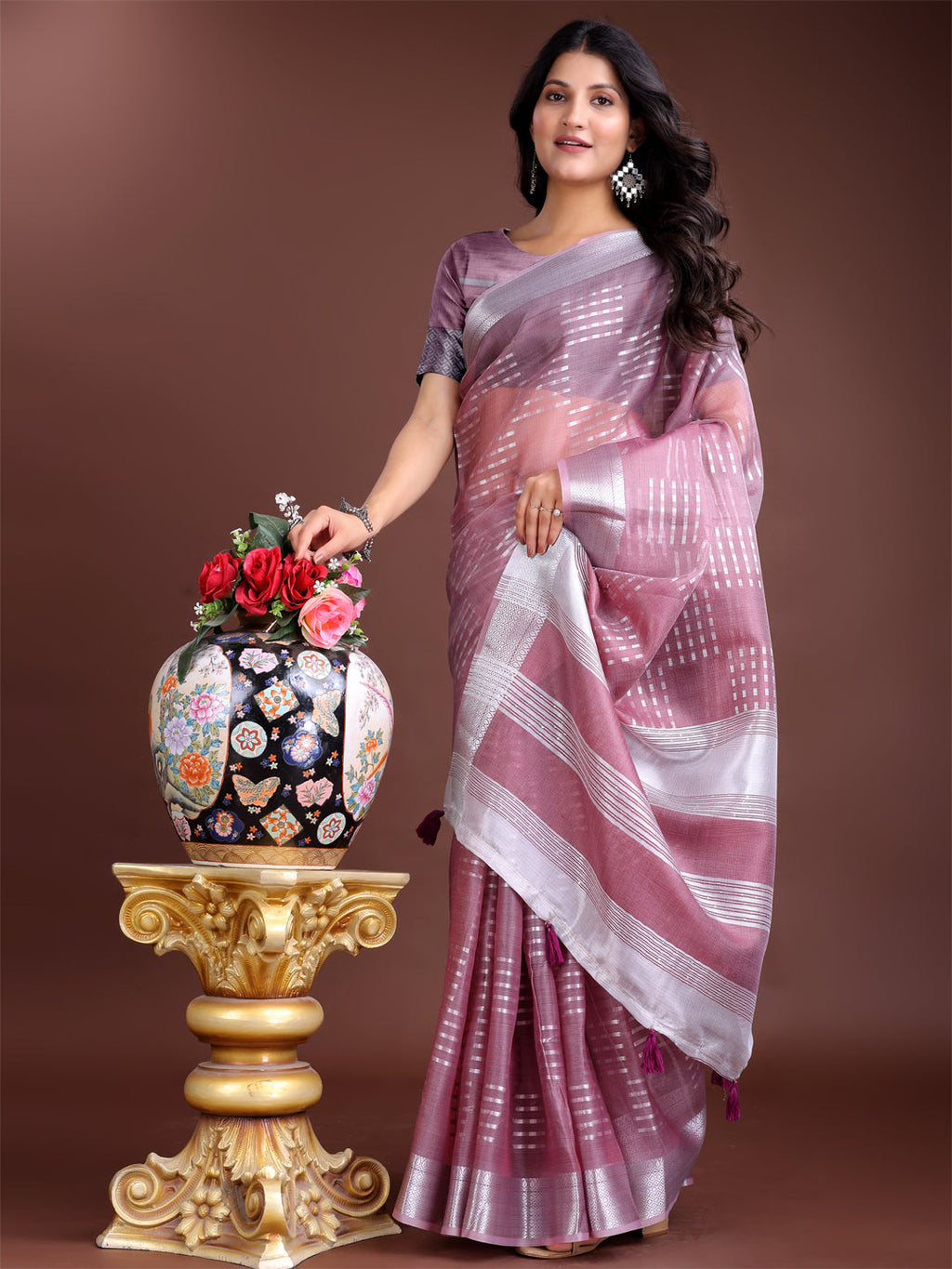 Shree Shyam Fashion Purple Organza Woven Zari Work Traditional Tassel Saree