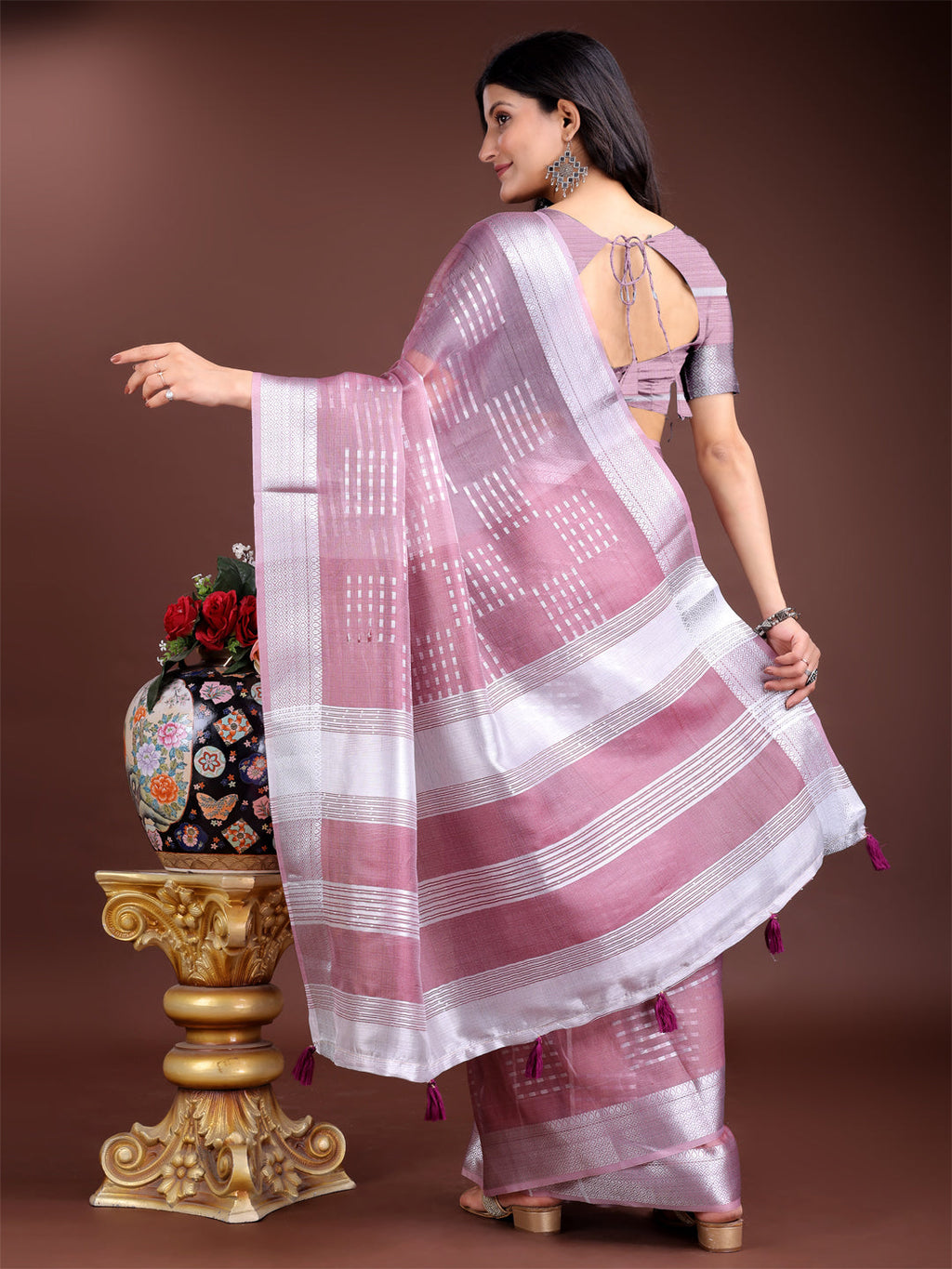 Shree Shyam Fashion Purple Organza Woven Zari Work Traditional Tassel Saree