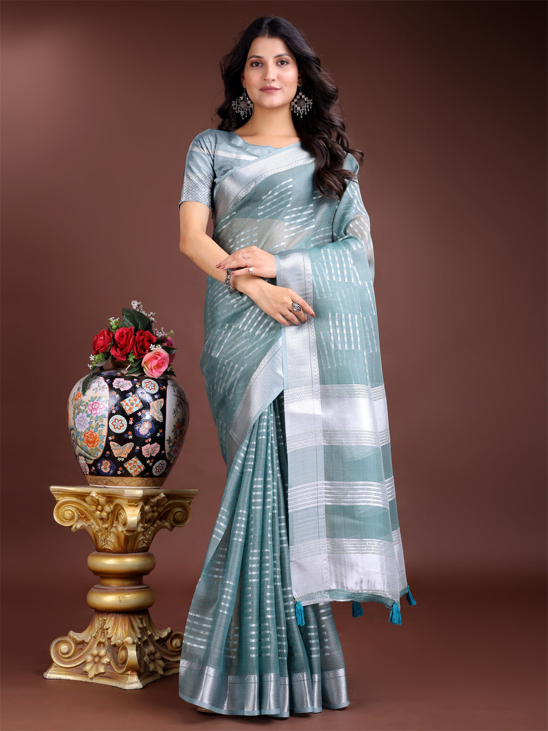 Shree Shyam Fashion Sea Green Organza Woven Zari Work Traditional Tassel Saree