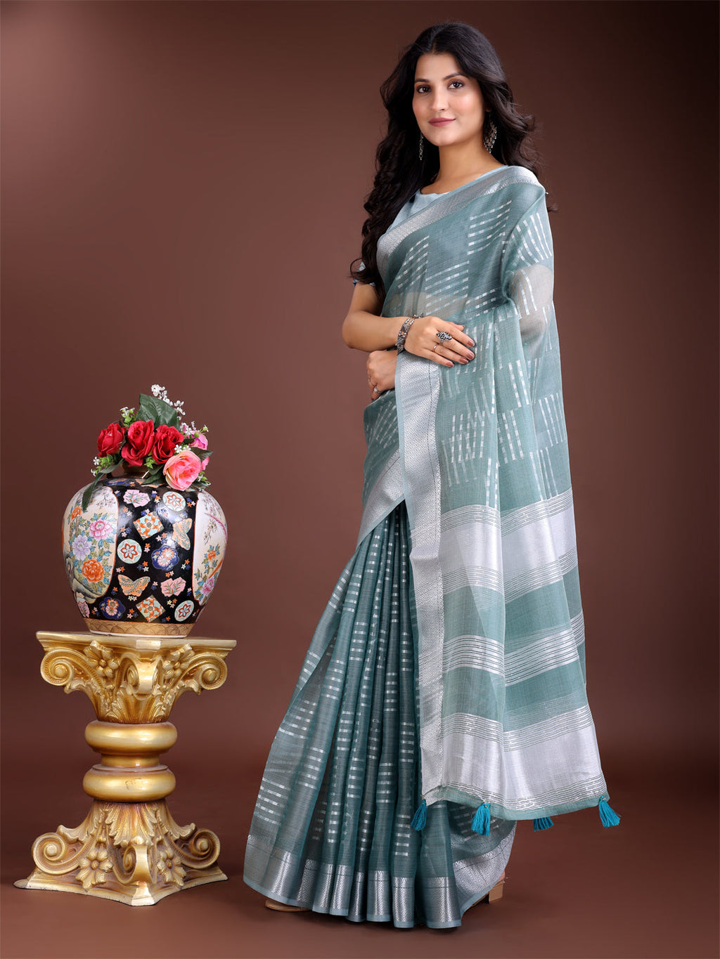 Shree Shyam Fashion Sea Green Organza Woven Zari Work Traditional Tassel Saree