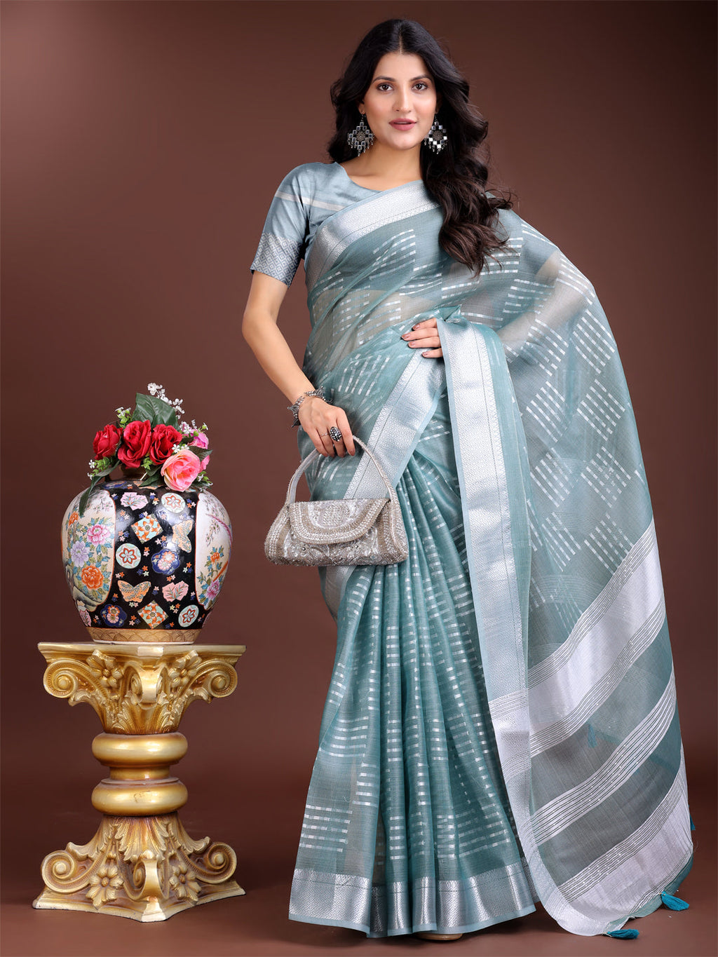 Shree Shyam Fashion Sea Green Organza Woven Zari Work Traditional Tassel Saree
