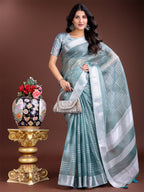 Shree Shyam Fashion Sea Green Organza Woven Zari Work Traditional Tassel Saree