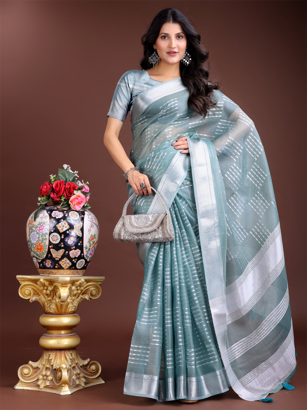Shree Shyam Fashion Sea Green Organza Woven Zari Work Traditional Tassel Saree