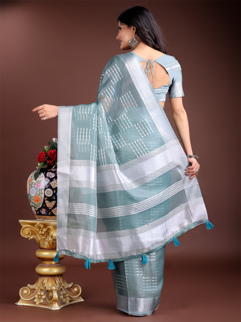 Shree Shyam Fashion Sea Green Organza Woven Zari Work Traditional Tassel Saree