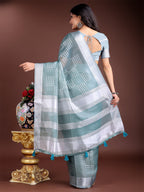 Shree Shyam Fashion Sea Green Organza Woven Zari Work Traditional Tassel Saree