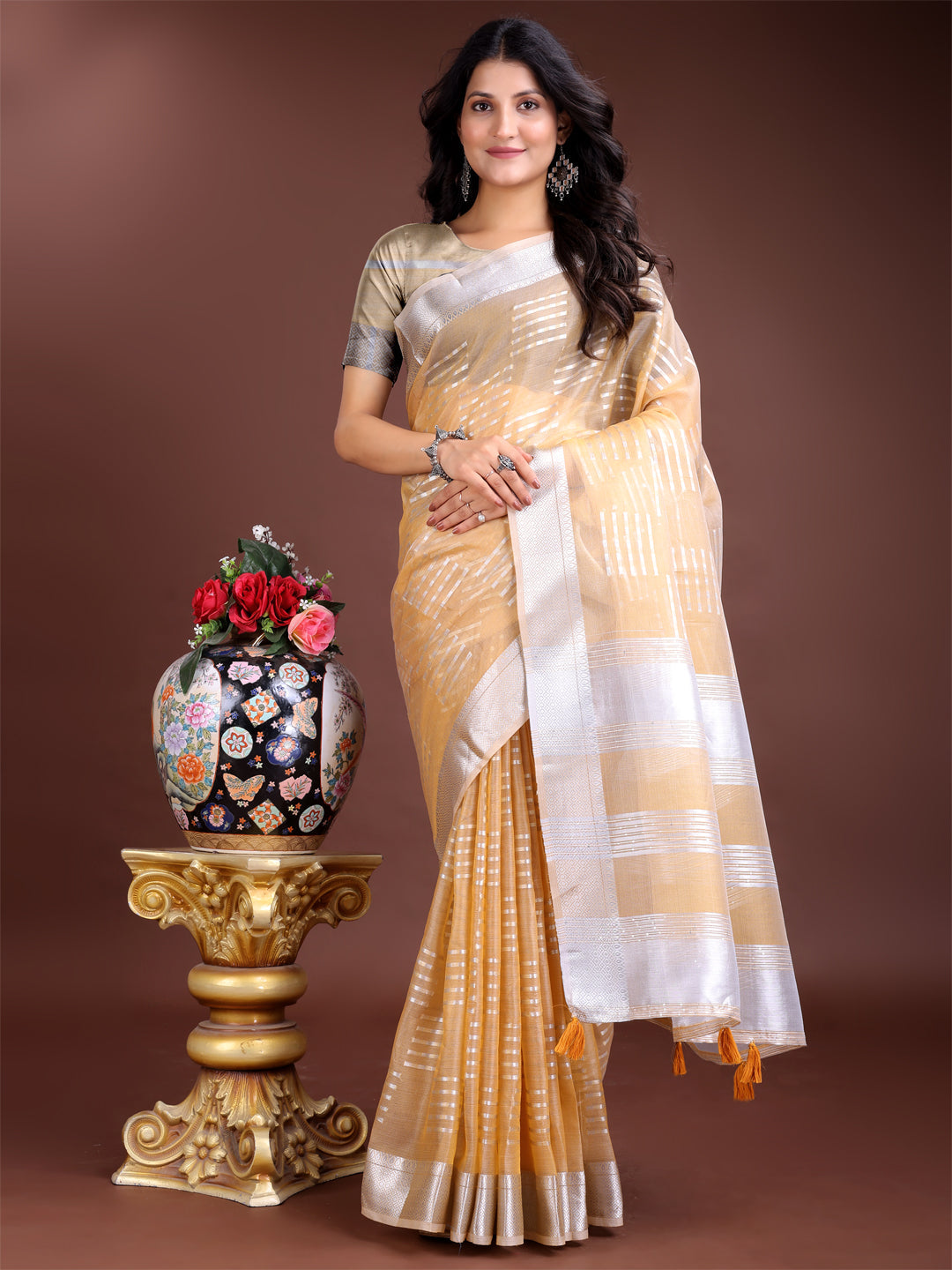 Shree Shyam Fashion Yellow Organza Woven Zari Work Traditional Tassel Saree