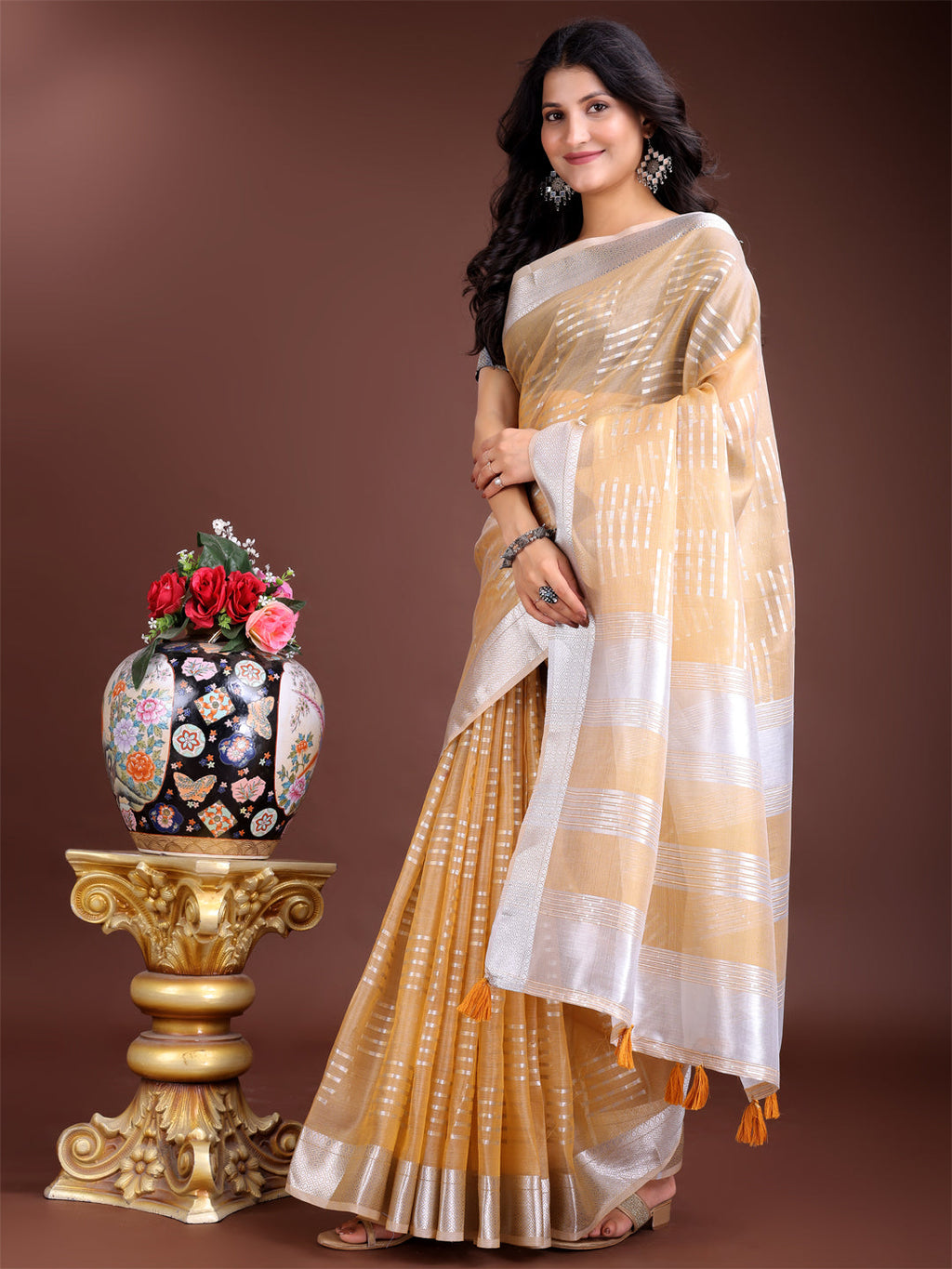 Shree Shyam Fashion Yellow Organza Woven Zari Work Traditional Tassel Saree