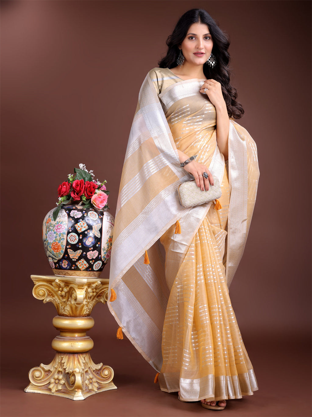 Shree Shyam Fashion Yellow Organza Woven Zari Work Traditional Tassel Saree