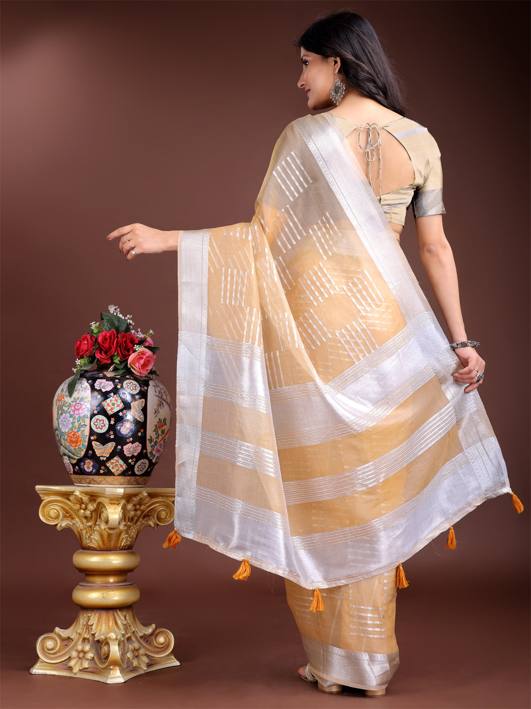 Shree Shyam Fashion Yellow Organza Woven Zari Work Traditional Tassel Saree