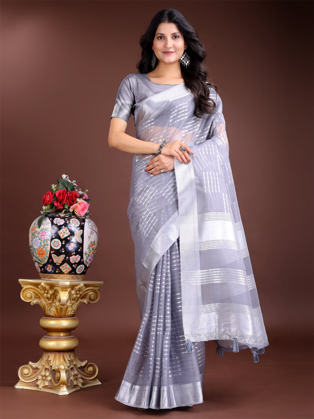 Shree Shyam Fashion Grey Organza Woven Zari Work Traditional Tassel Saree