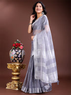 Shree Shyam Fashion Grey Organza Woven Zari Work Traditional Tassel Saree