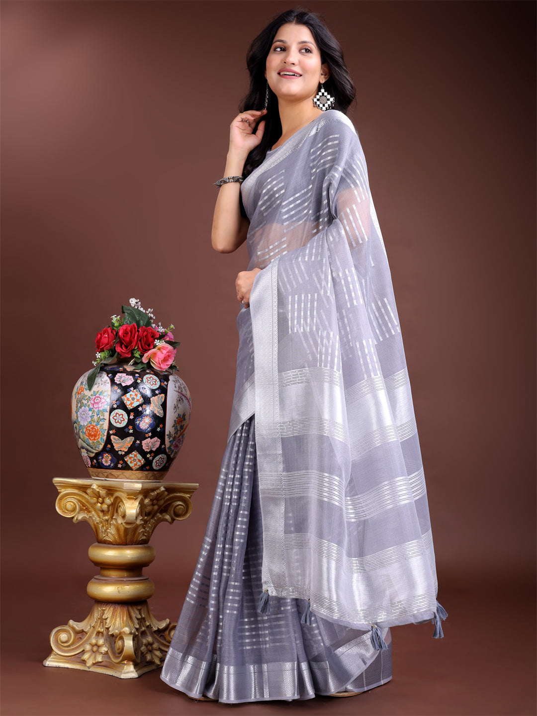 Shree Shyam Fashion Grey Organza Woven Zari Work Traditional Tassel Saree