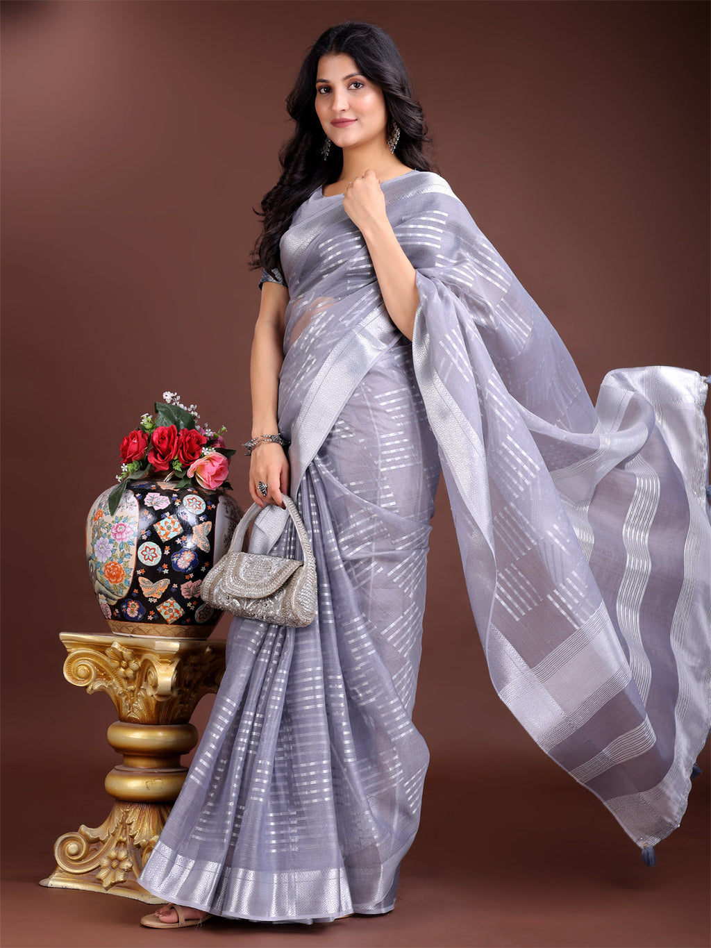 Shree Shyam Fashion Grey Organza Woven Zari Work Traditional Tassel Saree