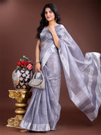 Shree Shyam Fashion Grey Organza Woven Zari Work Traditional Tassel Saree