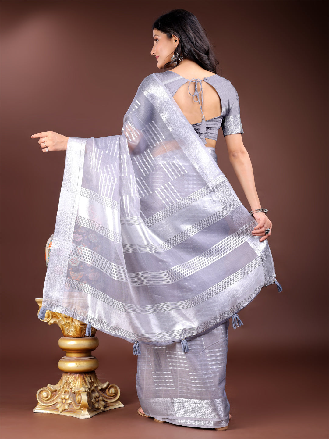 Shree Shyam Fashion Grey Organza Woven Zari Work Traditional Tassel Saree