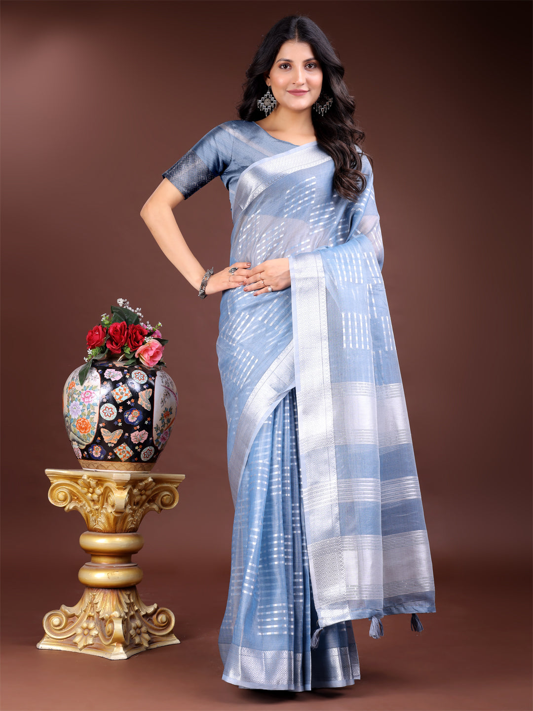 Shree Shyam Fashion Sky Blue Organza Woven Zari Work Traditional Tassel Saree