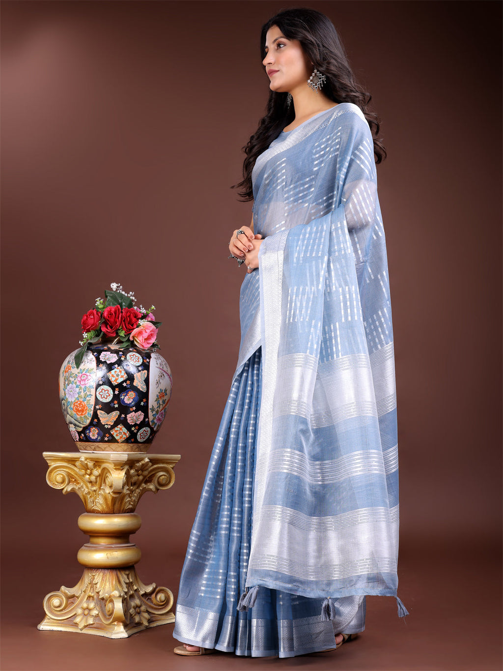 Shree Shyam Fashion Sky Blue Organza Woven Zari Work Traditional Tassel Saree