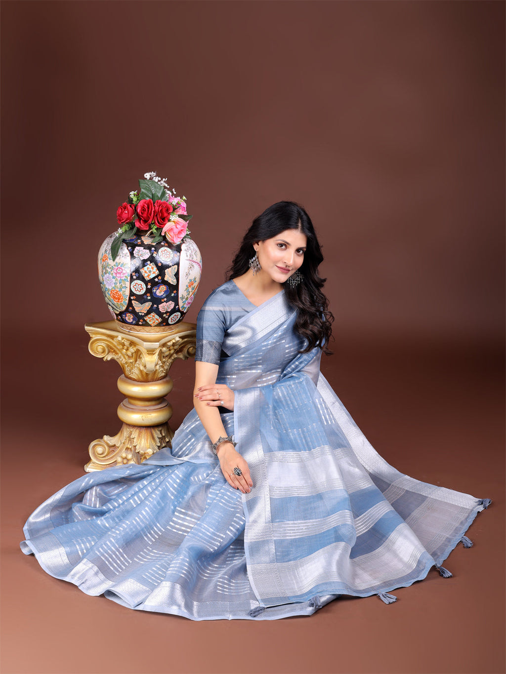 Shree Shyam Fashion Sky Blue Organza Woven Zari Work Traditional Tassel Saree