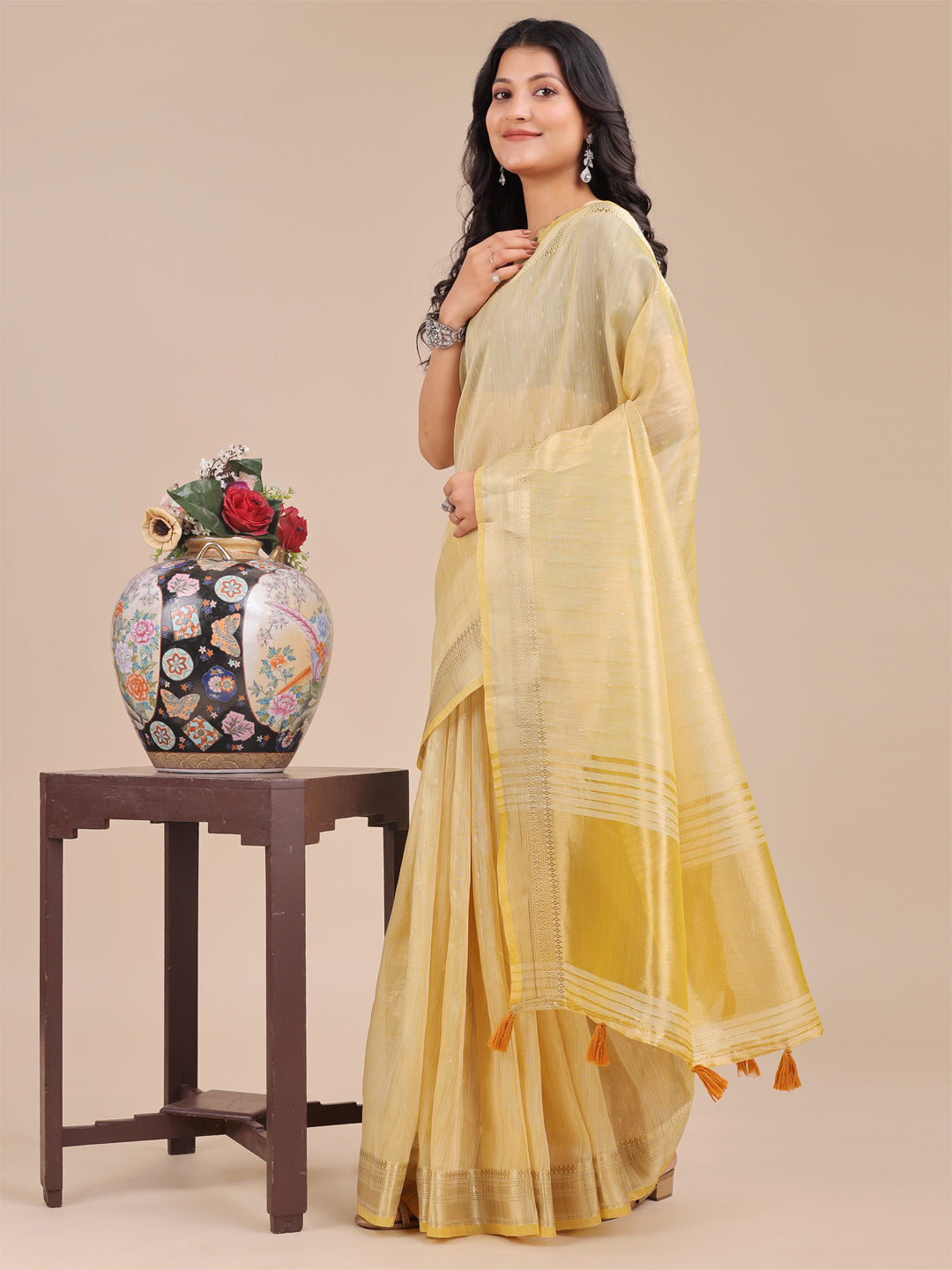 Shree Shyam Fashion Yellow Organza Woven Zari Work Traditional Tassel Saree