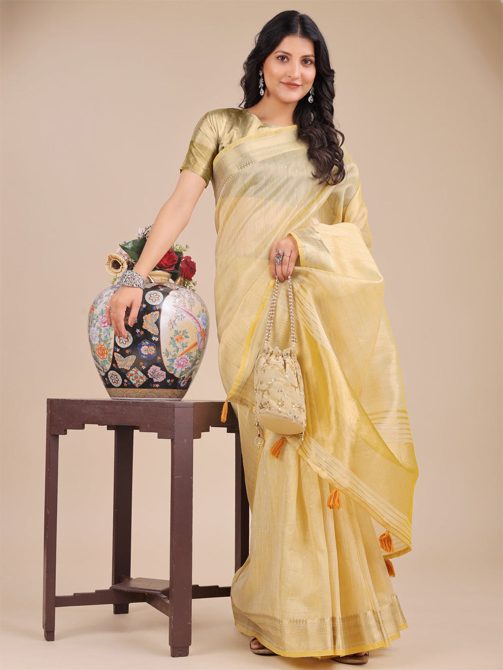 Shree Shyam Fashion Yellow Organza Woven Zari Work Traditional Tassel Saree