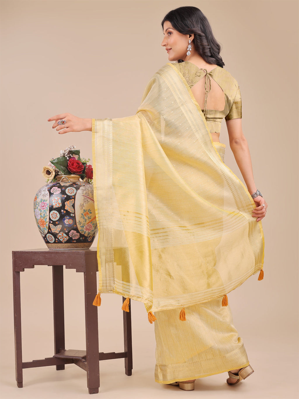 Shree Shyam Fashion Yellow Organza Woven Zari Work Traditional Tassel Saree