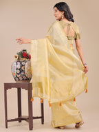 Shree Shyam Fashion Yellow Organza Woven Zari Work Traditional Tassel Saree