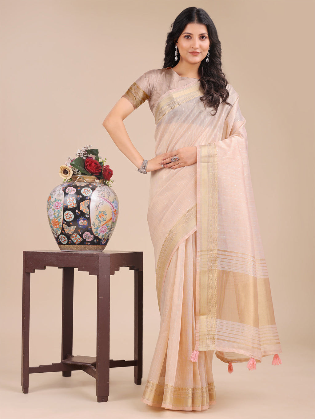 Shree Shyam Fashion Peach Organza Woven Zari Work Traditional Tassel Saree