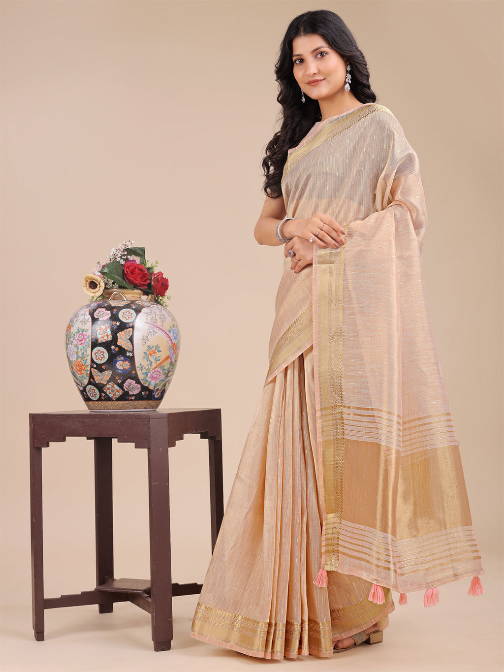 Shree Shyam Fashion Peach Organza Woven Zari Work Traditional Tassel Saree
