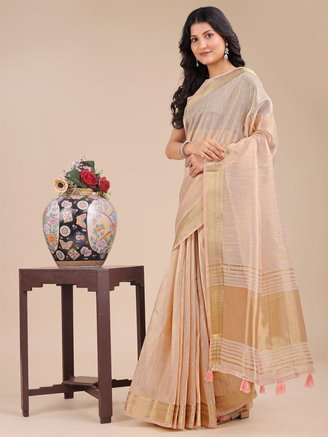 Shree Shyam Fashion Peach Organza Woven Zari Work Traditional Tassel Saree