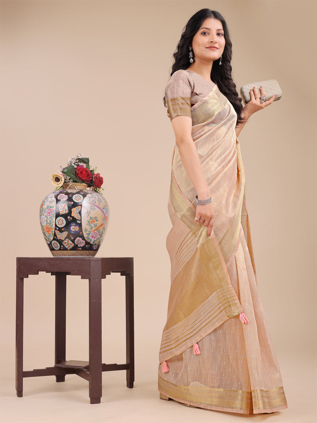 Shree Shyam Fashion Peach Organza Woven Zari Work Traditional Tassel Saree