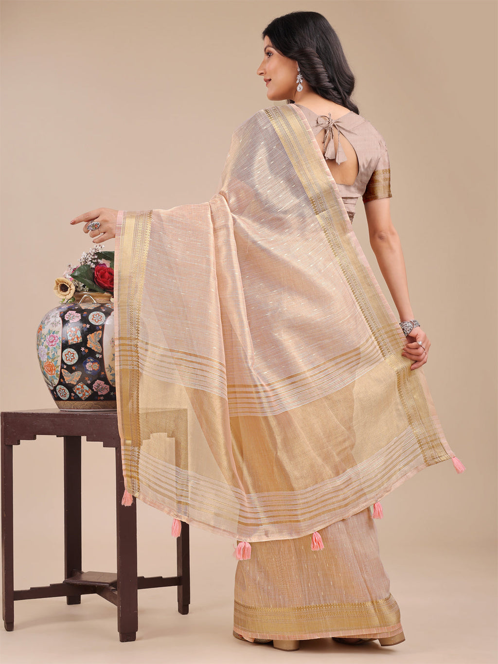 Shree Shyam Fashion Peach Organza Woven Zari Work Traditional Tassel Saree